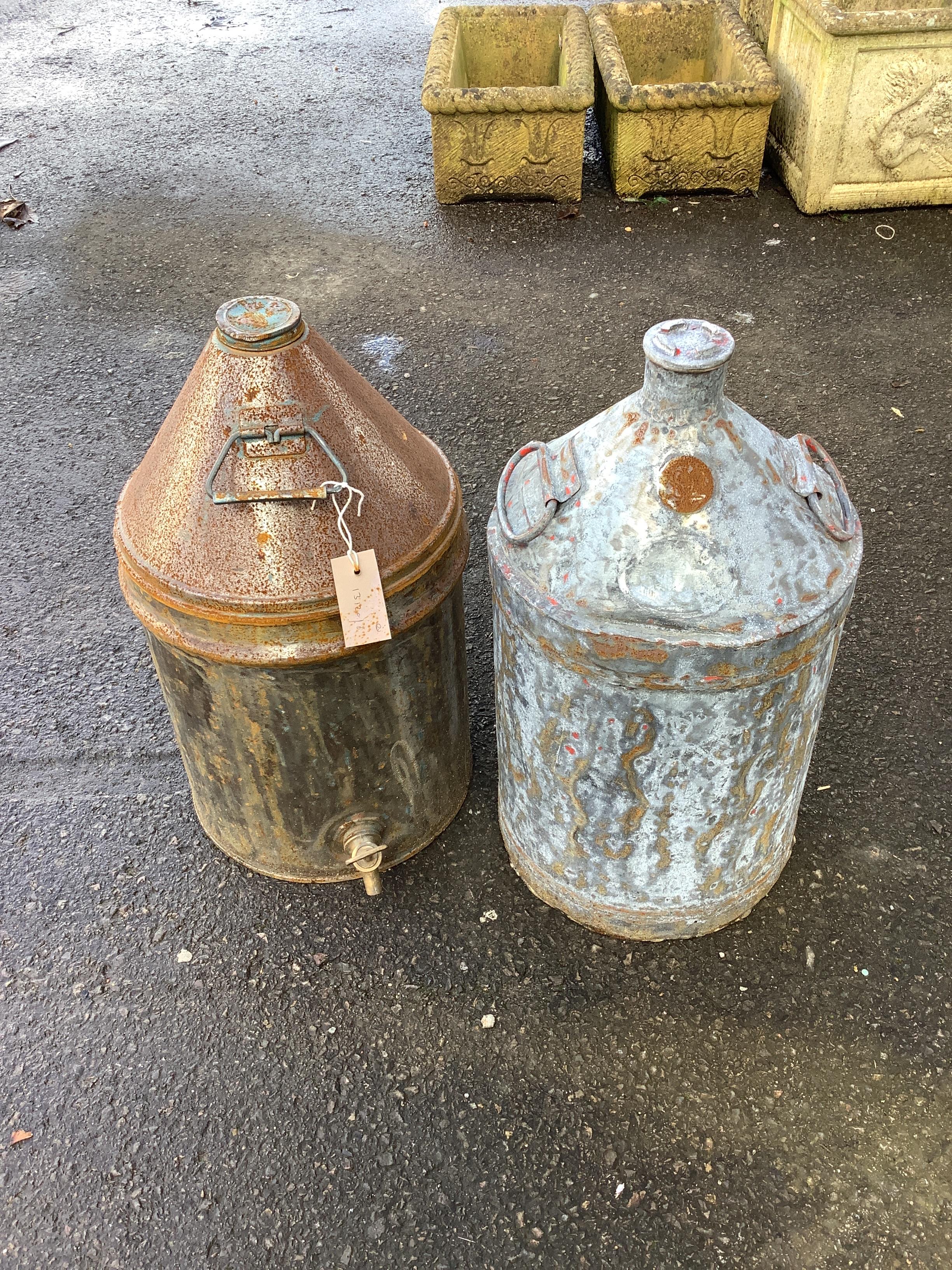 Two metal containers, one with brass spigot, height 63cm